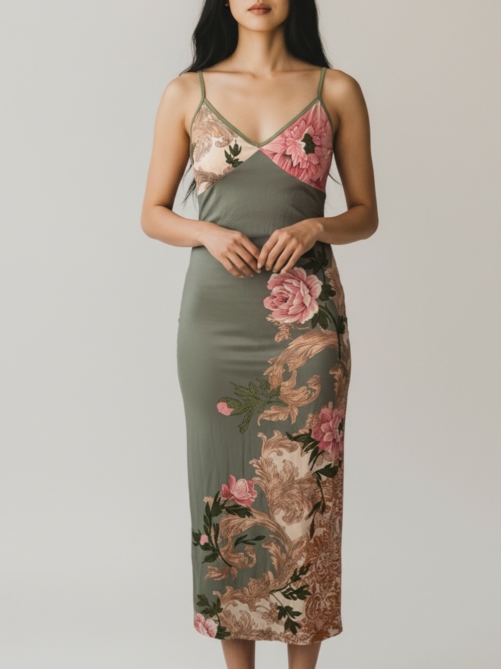 Floral Slip Dress in Olive and Pink